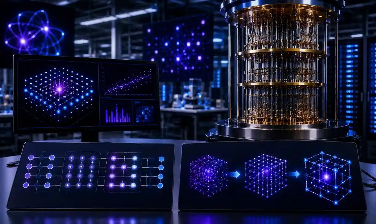 Quantum computing lab showing error-correction circuit redesign and logical qubit protection