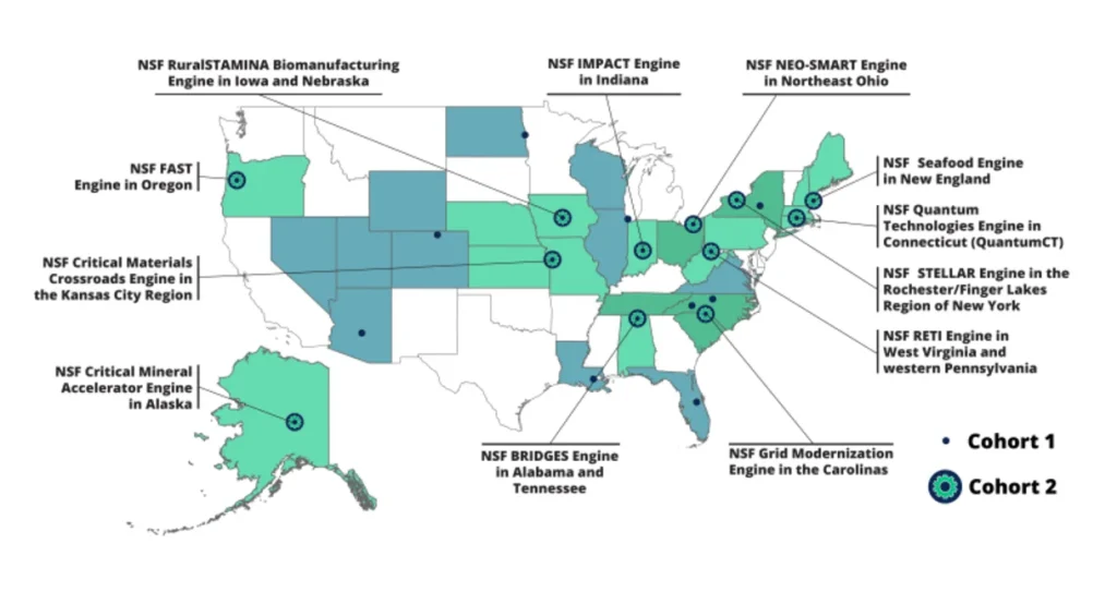 Map of the locations of the U.S. National Science Foundation Regional Innovation Engines.