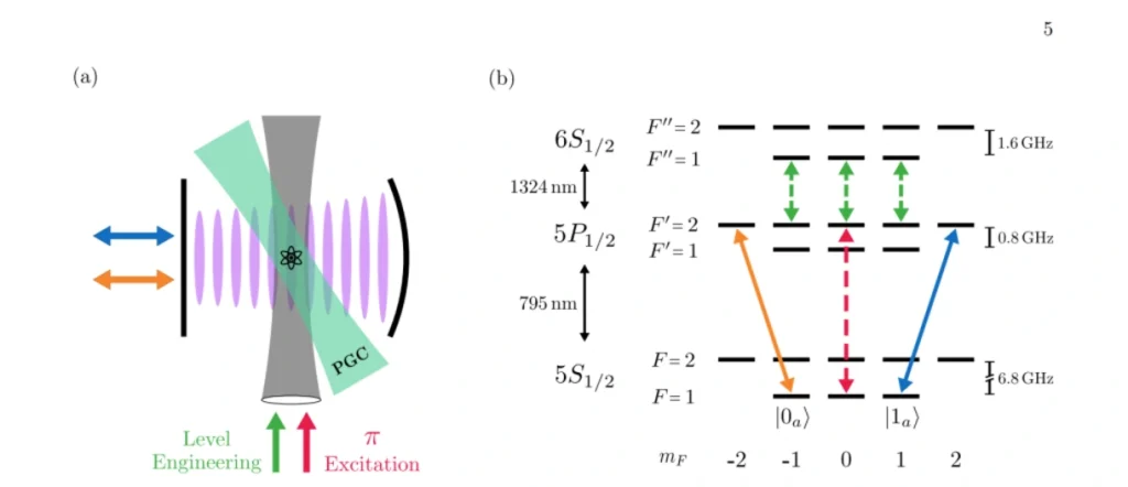 (a) a single rubidium-87 atom held in a high-finesse Fabry-Perot cavity, with the beams that cool the atom and drive it; (b) rubidium's energy levels, including the 795 nm and 1324 nm transitions and the 6.8 GHz hyperfine splitting, which define the atomic qubit states written as 0a and 1a.